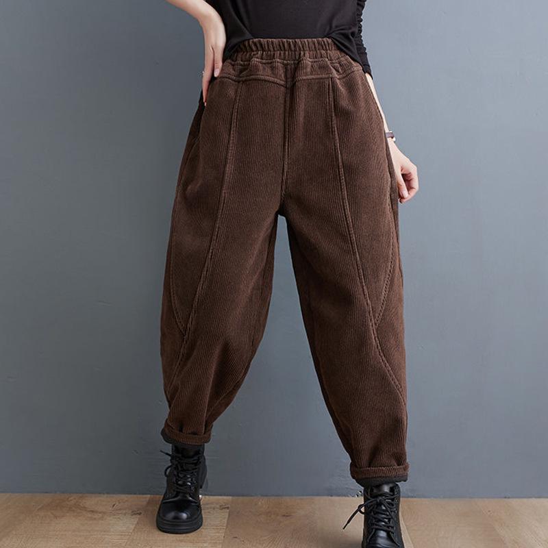 2024 Dámské manšestrové harémové kalhoty plus size - Fialové, Zesílený samet, Elastický pas, na jaro, podzim, zimu.