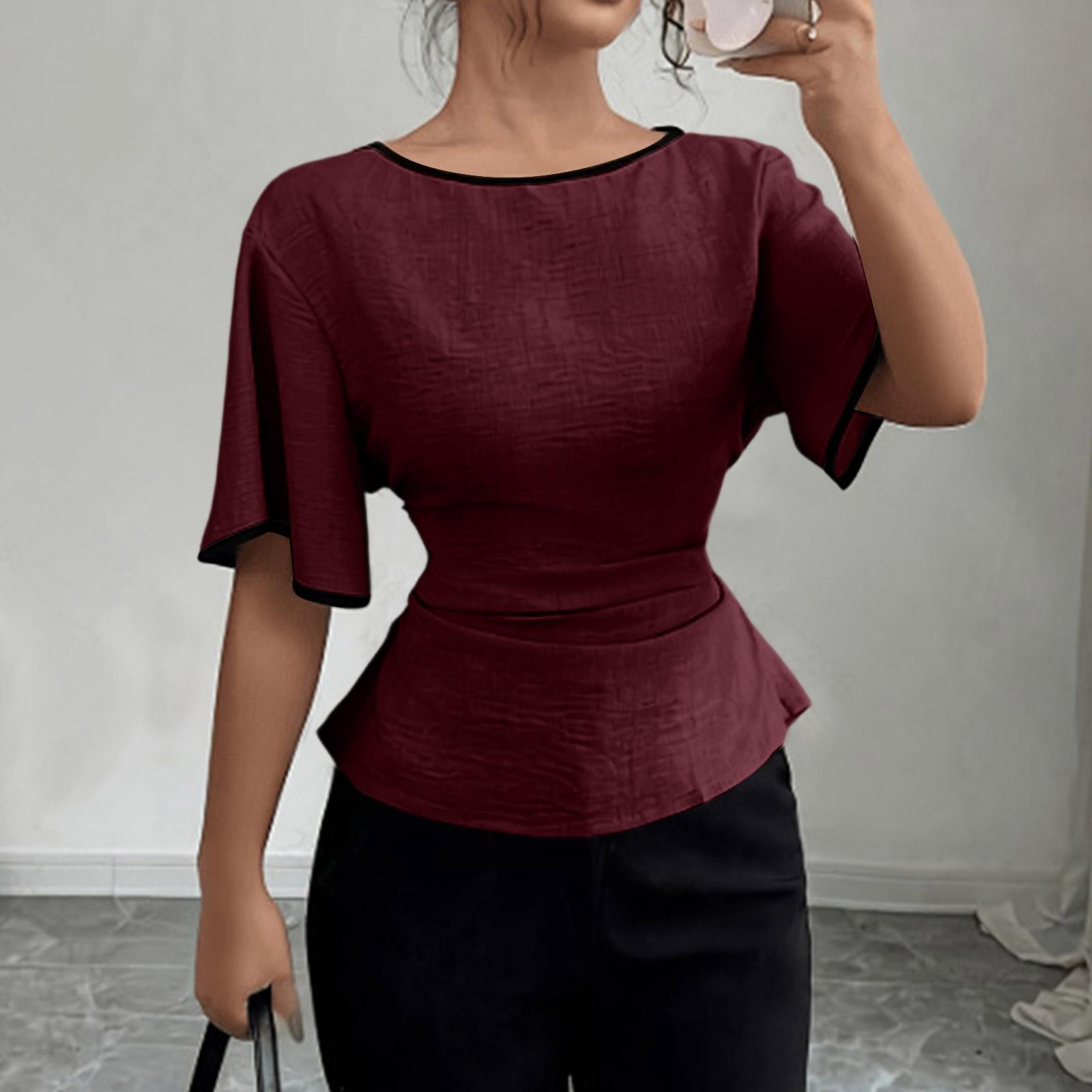 Women Off Shoulder Flared Sleeve Top Contrast Trim Breathable Blouse Shirt Casual Slim Fit Peplum Hem XS