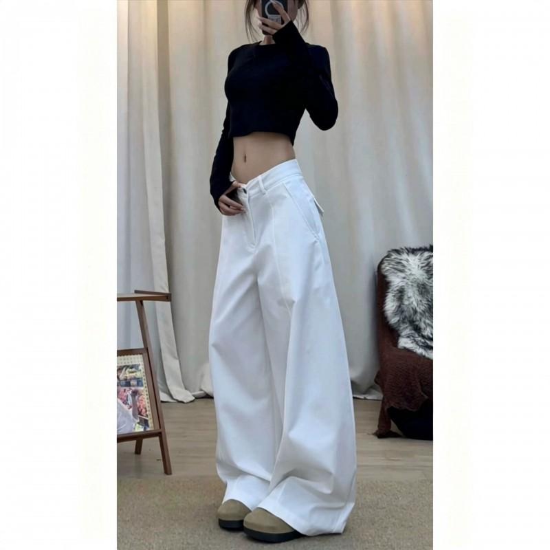 Womens White Wide Leg Trousers High Waist Loose Fit Casual Pants Vintage Relaxed Style