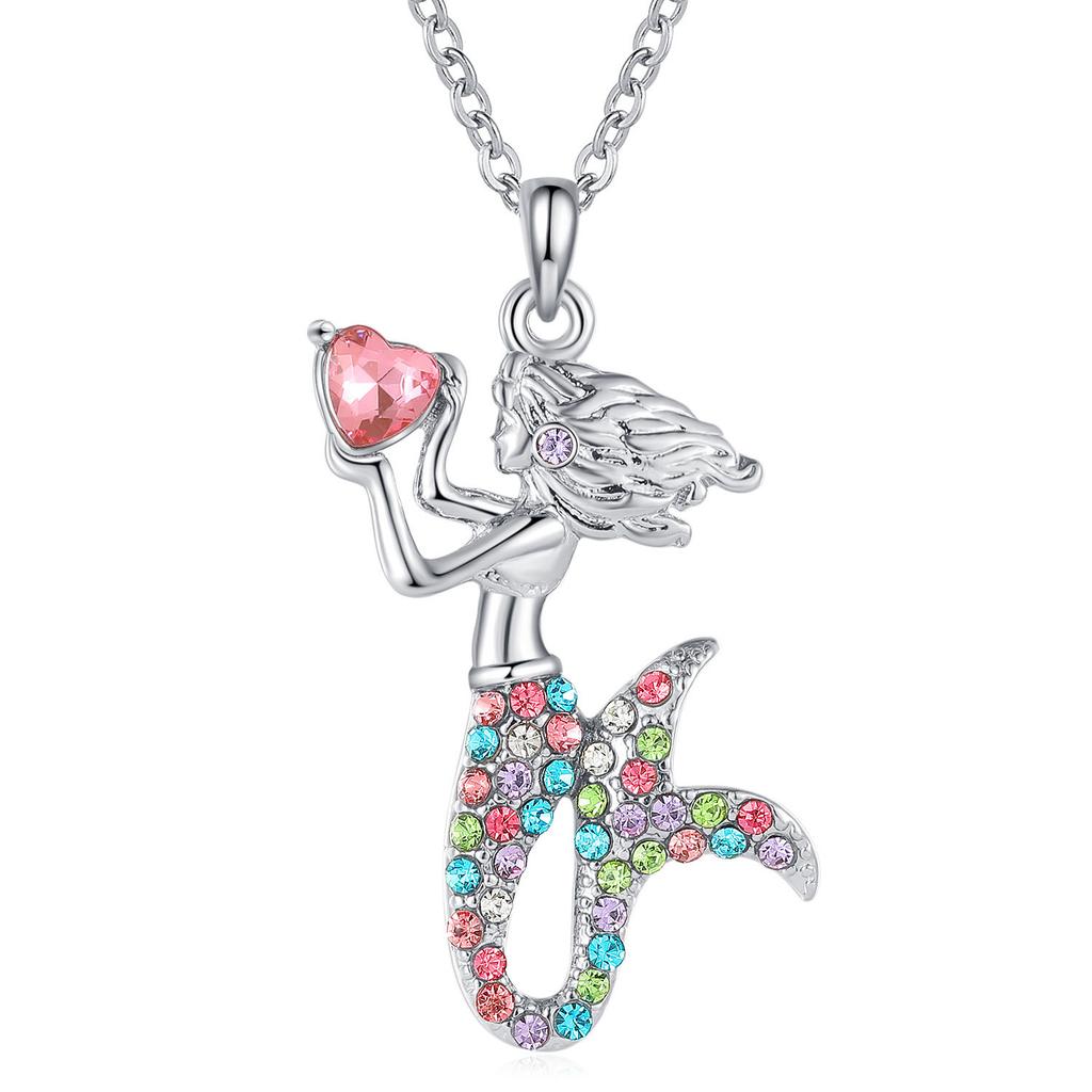 Fashion Mermaid Birthstone Pendant Jewelry White Gold Plated Austrian Crystal Necklace Gift for Girls Women