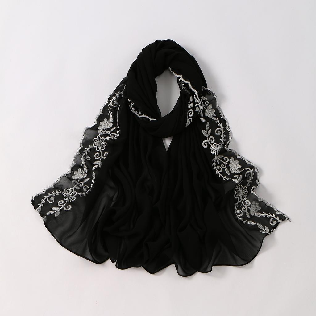 Floral Embroidery Edge Chiffon Silk Scarf Women Muslim Hijab Headscarf Soft Wraps Headband Summer Sunscreen Shawls Beach Shawls
