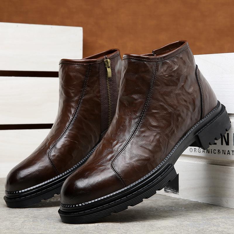 Side Zipper Martin Boots Men's Fleece British Leather Tooling Boots Winter Height Increase Medium Help Chelsea Short Boots