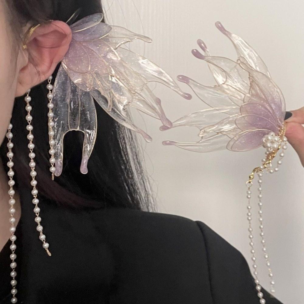 Chic Ear Fins Ear Cuffs Flower Pearl Tassel Ear Clips Sweet Mermaid Princess Ear Cuffs  Girls