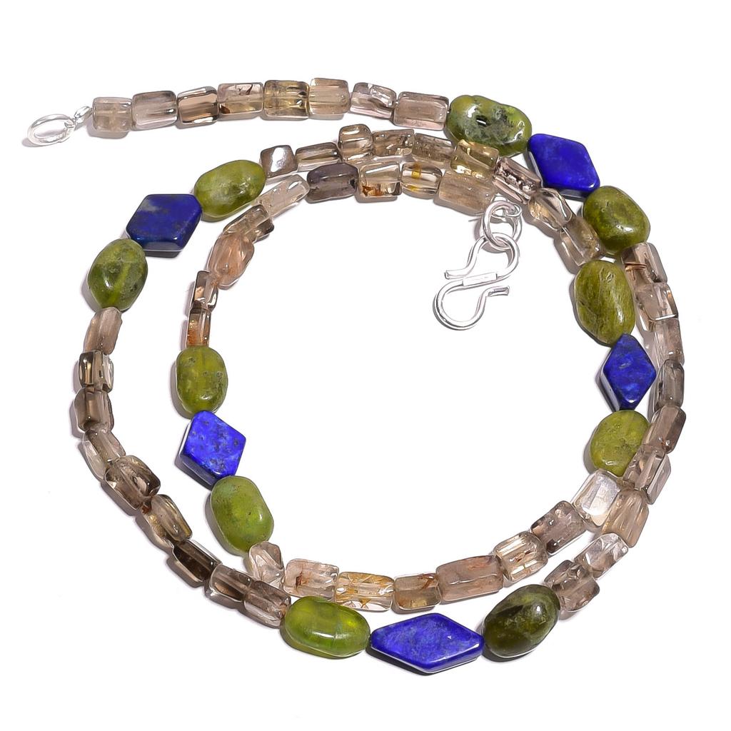 Natural Vasonite Smoky Quartz Lapis Lazuli Gemstone Beads Necklace 17" UB-4043 UB-4043
