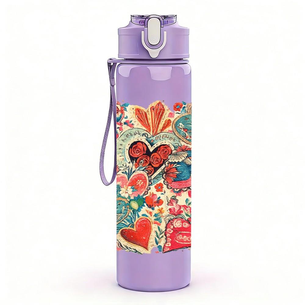 1PC Heart Floral Patchwork Quilt Print 750ml Color Plastic Sports Water Bottle Leakproof Flip Straw Lid Suitable for Sports Office Home Use