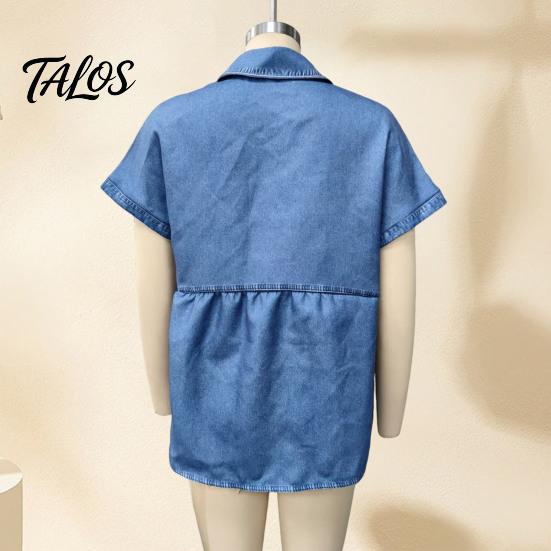 Women Shirt Denim Shirt, Lapel Short Sleeve Tops, Pure Color Relaxed Fit Tops Ruffle Splicing Casual for Work Parties Vacations Dates Summer