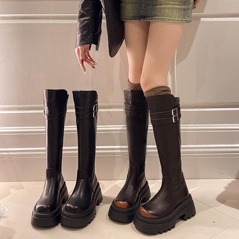Women'S Autumn Winter  New Retro Round Toe Thick Soled High Top Boots With Thick Heels And Leather Buckle Elastic Slim Boots