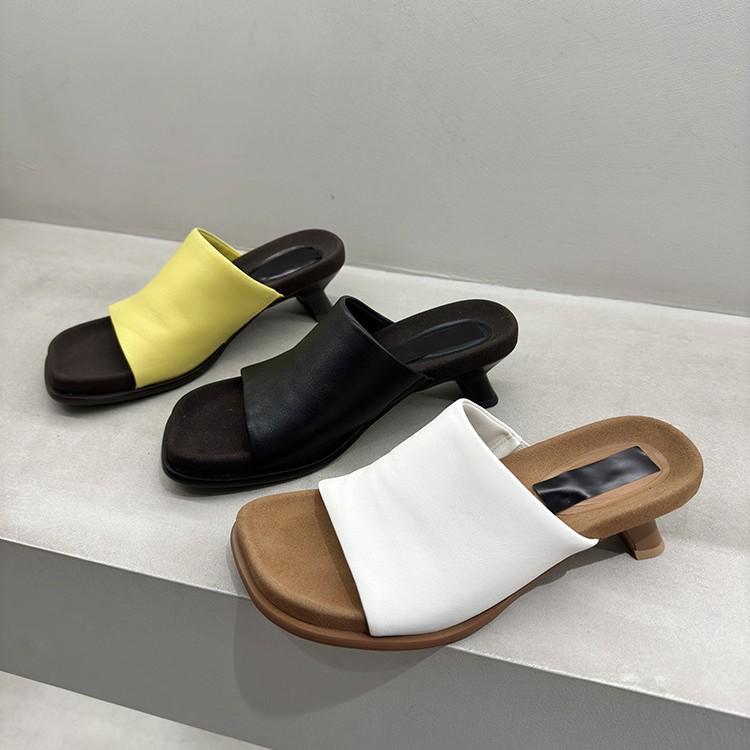 Soft glutinous French women's slippers 2025 summer new soft leather kitten and high-heeled sandals versatile one-word drag