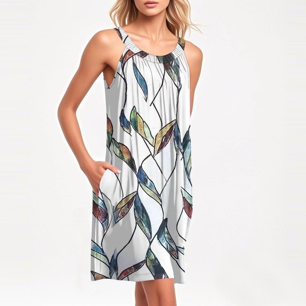 Ladies Fashion Beach Vest Casual Summer Pocket Straps Vintage Floral Print Dress