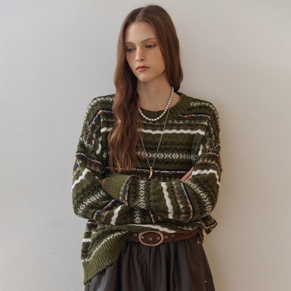 Maxza Color Mix Fair Isle Pattern Round Neck Knit Ze12qk008na Khaki/FREE