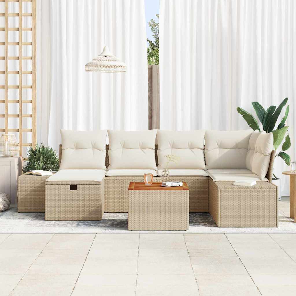 7 Piece Beige Garden Sofa Set with Cushions and Storage