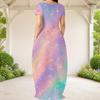Women Plus Size Round Neck Short Sleeve Galaxy Printed Loose Maxi Dress With Side Pockets