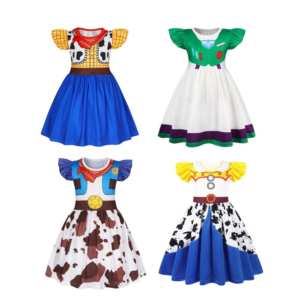 Girls Western Style Dress with Printed Vest and Bandana Design Short Puff Sleeves and Gathered Skirt for Halloween Costume Party Dress Up