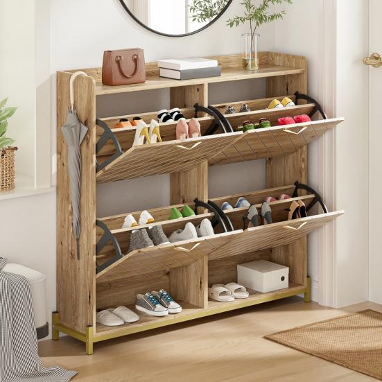 Modern Shoe Rack in Wood Look, 4-Door Shoe Cabinet, Space-Saving Shoe Cabinet for Entrance Areas, Hallways, or Corridors, Sturdy and