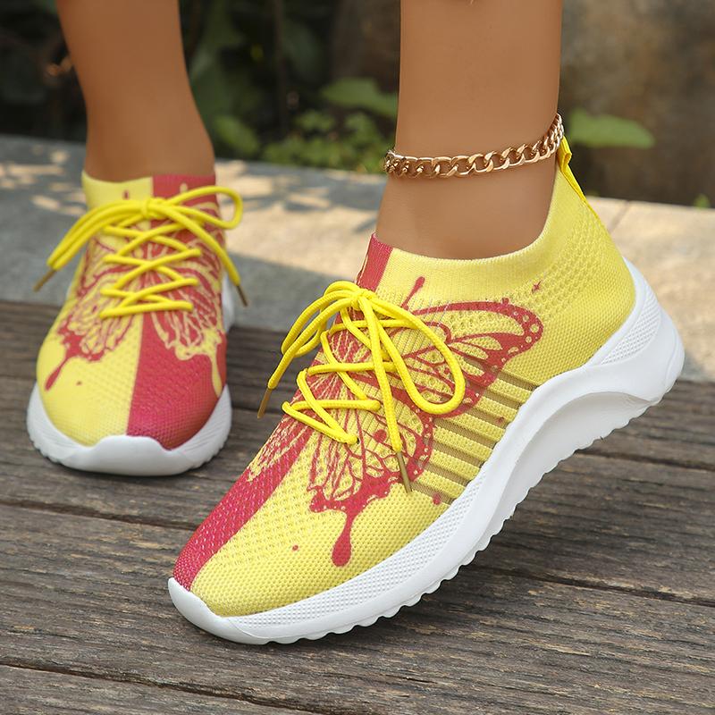 Fashion High Fashion Mix Color Yellow Butterfly Knitted Sneakers Women Plus Size 43 Breathable Mesh Flats Woman Soft Sole Casual Shoes