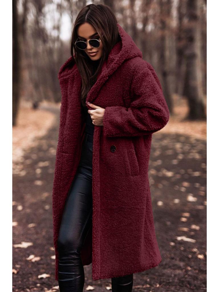 Fur Coat Women ,hooded Collar, Pure Color, Loose and Casual, Long-sleeved Faux Fleece Jacket