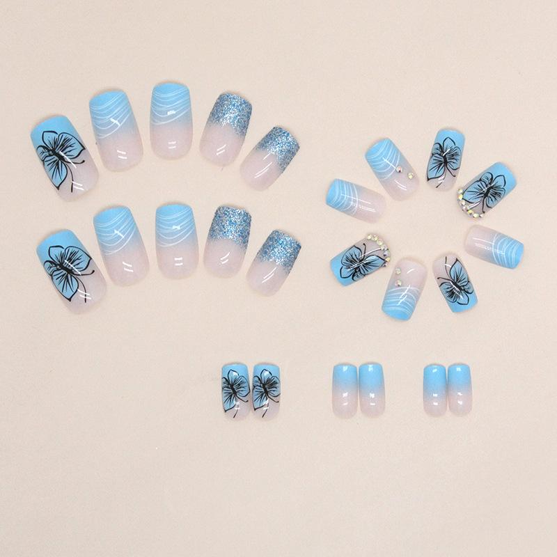 Cool summer sparkle French European and American ins style square diamond butterfly glitter fake nails