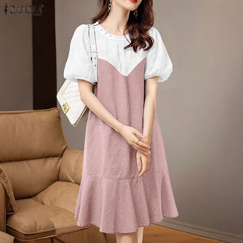ZANZEA Women Fashion Embroidery Patchwork Casual Round Neck Short Sleeve Dress