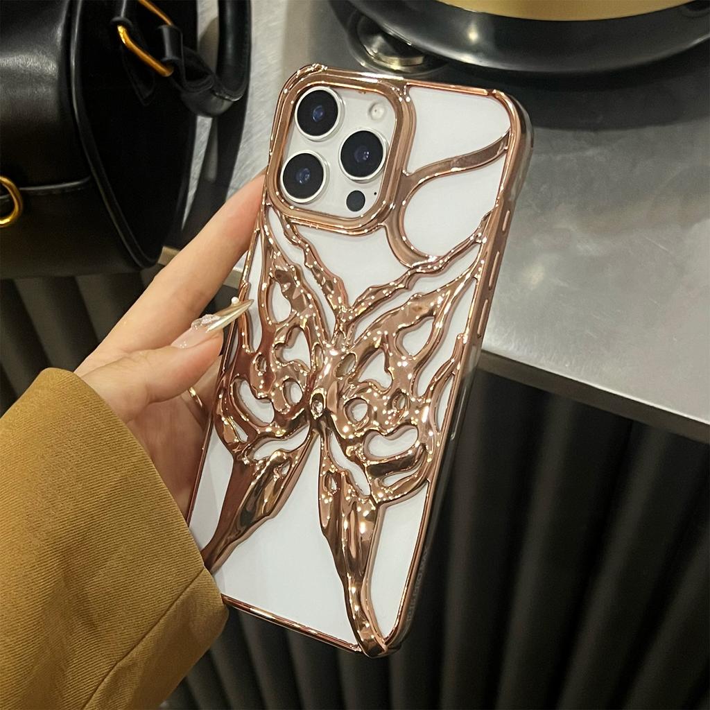 For iPhone 16 Pro Max Case Electroplated Hollow Butterfly Pattern Creative Design TPU Phone Cover