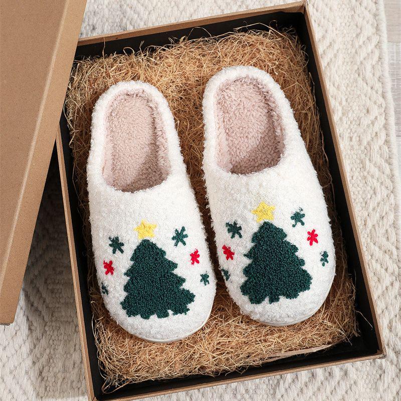 Cute Cartoon Smiley Face Christmas Hat & Tree Strawberry Cotton Slippers, Cozy & Warm Couple Style.