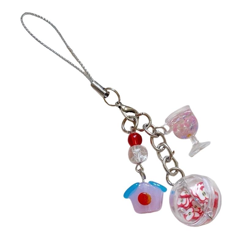 Adorable Ice Cream Design Crystal Phone Lanyard Green Pendant Keychain Gift Unisex Ice Cream Cup Keychain for Her