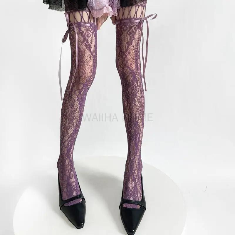 Y2K Fashion Gothic Flower Hollow Out Sexy Pantyhose Women Fishnet Bow Tie Ins  Girls Jk Tights High Elastic Hipster Leggings