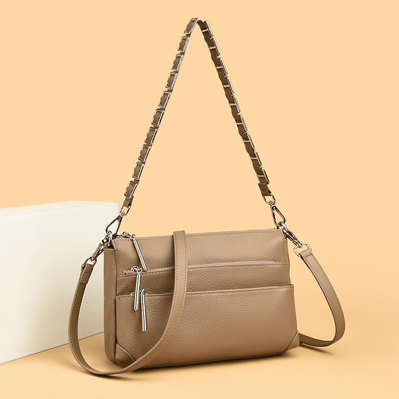 100% Genuine Cowhide Leather Female Small Messenger Bag 3 Layers Zipper Pockets Quality Women Solid Color Luxury Shoulder Bags