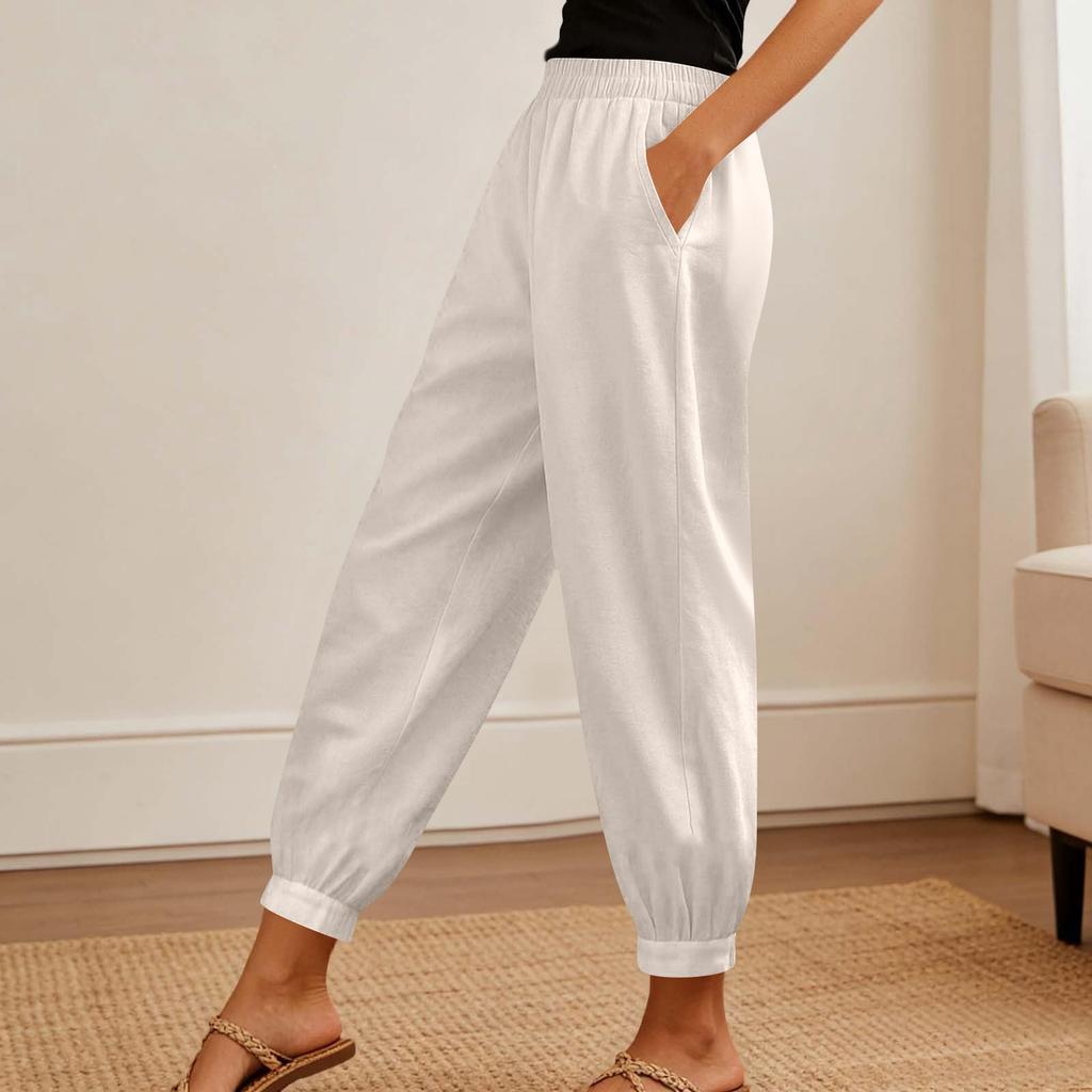 Women's Fashionable Color High Waisted Pocket Cotton Linen Daily Casual Pants