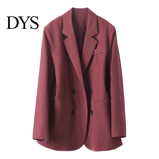 Versatile Women Jacket Suit Coat Lapel Long Sleeve Double Breasted with Pockets Solid Color Loose Fit Office Lady Workwear
