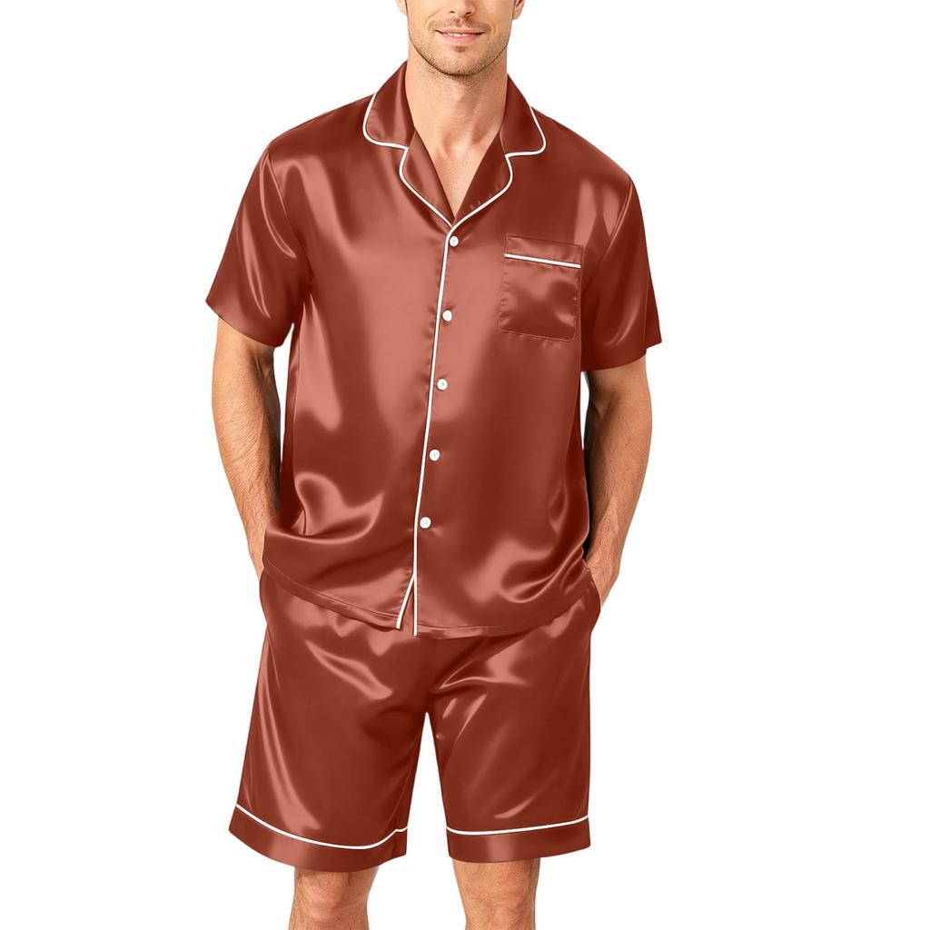 Men's Short Sleeve Pajama Set Button Down Shirt with Notched Collar and Matching Shorts Soft Lightweight Lounge Sleepwear S To XXXXL