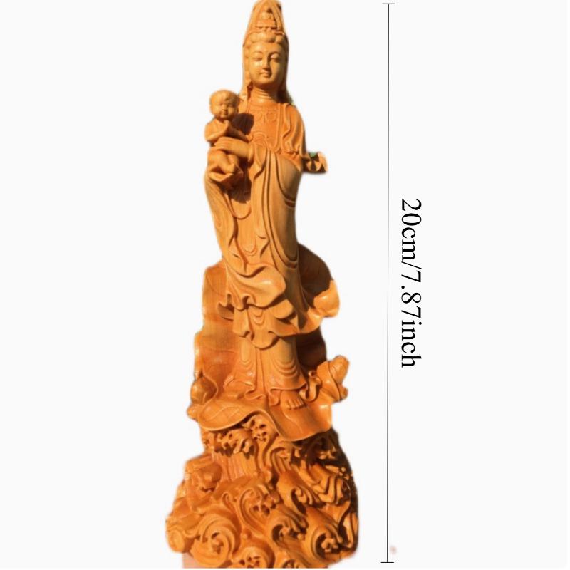 

Wooden Statue of Guanyin Sending Children Chinese Style Figure of The Buddha Solid Wood Carving Crafts Home Decoration 20cm
