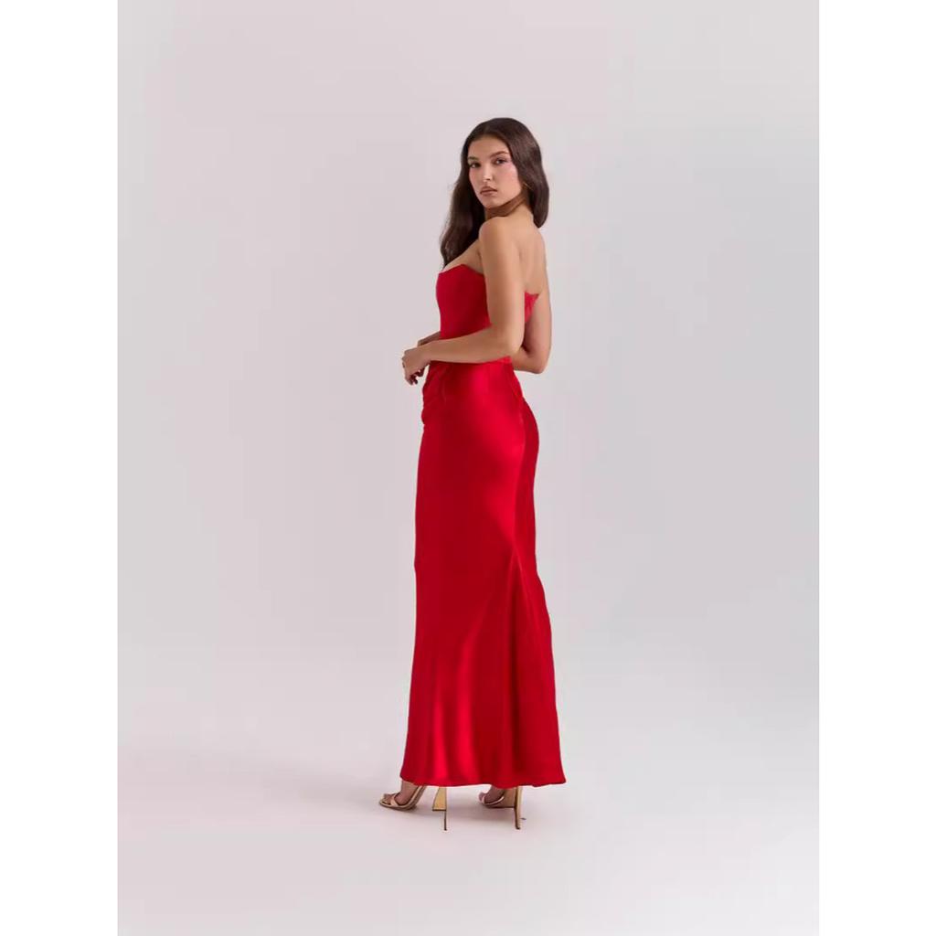 Women's Strapless Notched Satin Bodycon Maxi Dress Ruched Waist Backless Mermaid Hem Spring Elegant Evening Cocktail Wedding Guest Gown