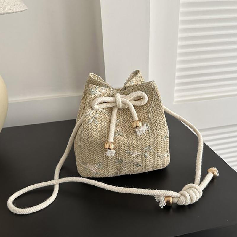 Drawstring Shoulder Bags Casual Summer Beach Woven Straw Small Handbag Large Capacity Crossbody Bags хаки 1369₽