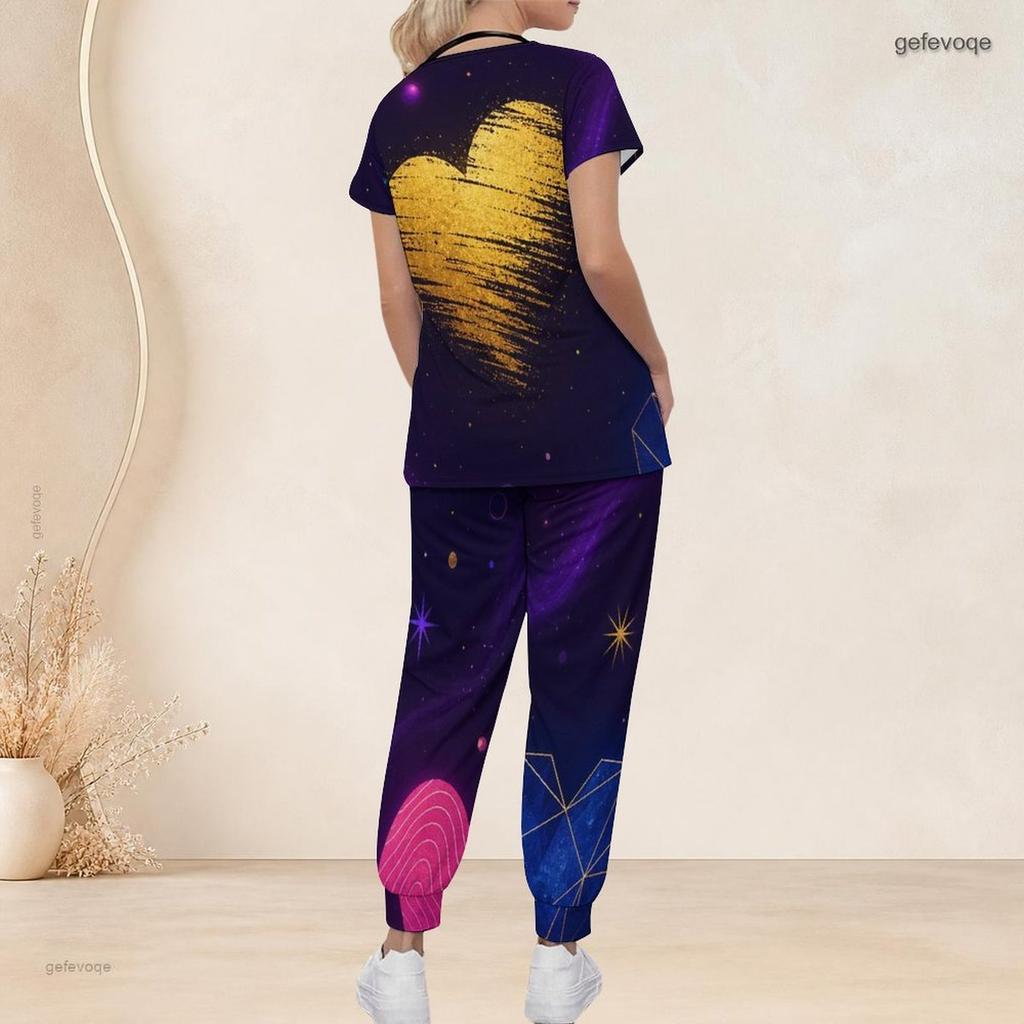 Women Plus Size V Neck Short Sleeve Scrub Set Black Base Red Gold Heart Glitter Print Nurse Uniform Set