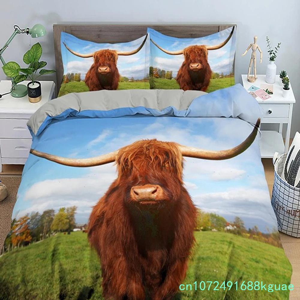 Zestaw poszewki na kołdrę Highland Scottish Cows Zwierzę Gospodarskie King Queen Pokrowiec na Kołdrę Dzikie Zwierzęta Zestaw Pościeli 2/3 szt. Poliestrowa Poszwa na Kołdrę