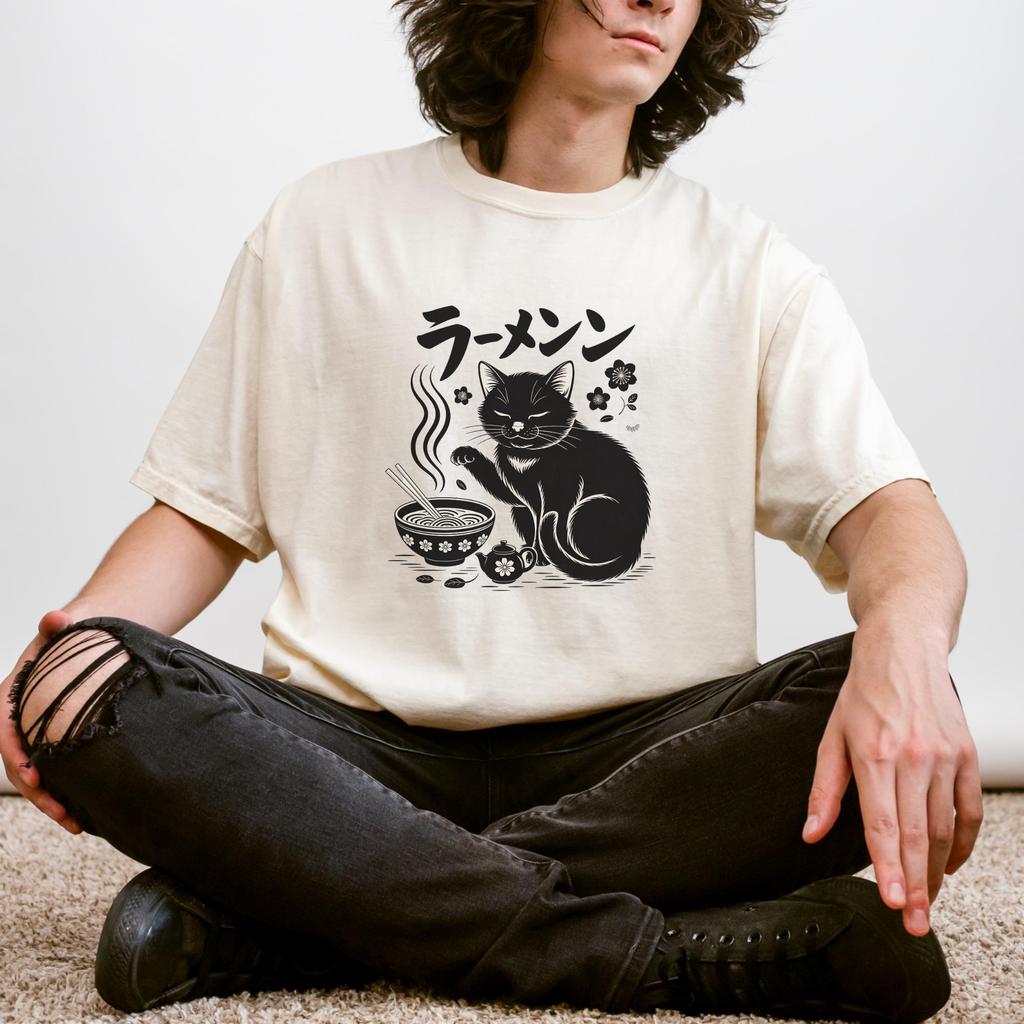 Ramen Cat Shirt, Japanese Noodle Tee, Black Cat Graphic, Anime Style Foodie Gift