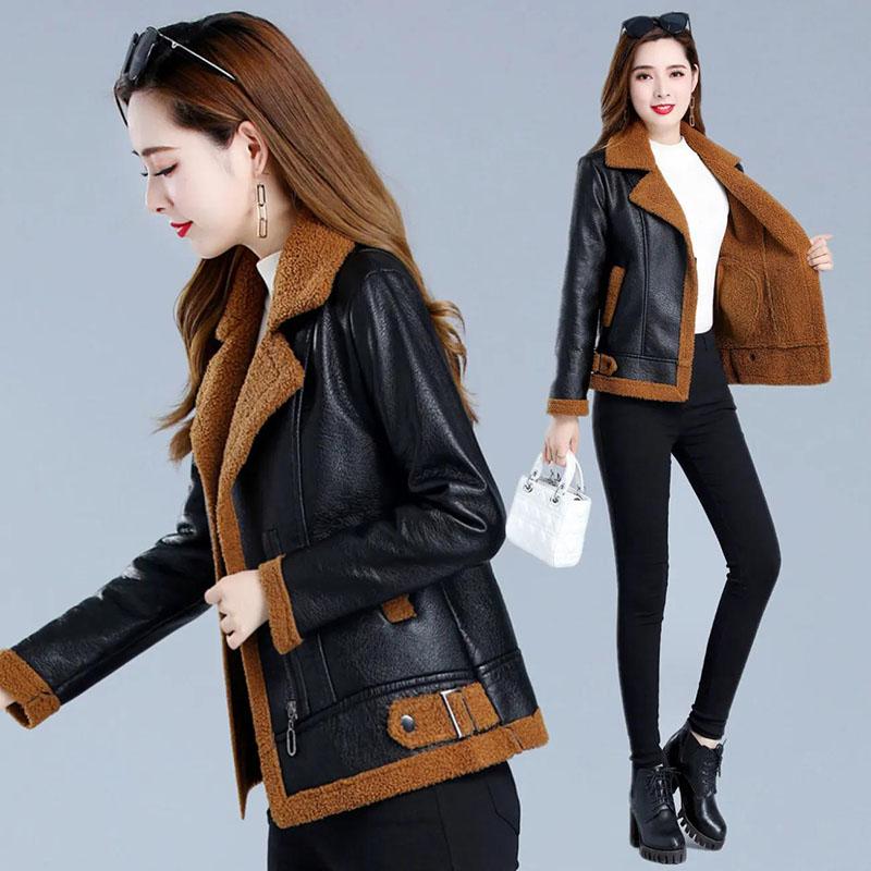 Winter Women's Leather Fashion Fur Coat Lamb Fur Coat Plus Velvet Thick Short Large Size Leather Coat