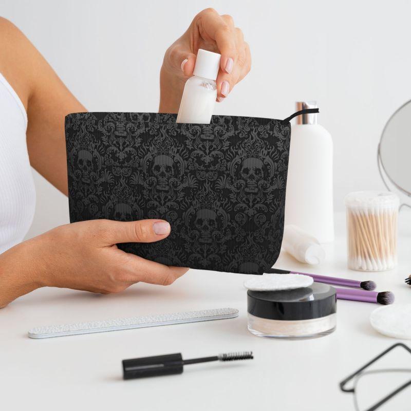 Goth Gothic Schwarzes Totenkopf-Damastmuster Kulturtasche Damen Reise Kosmetik Make-up Organizer Dame Tragbare Aufbewahrung Dopp Kit Tasche