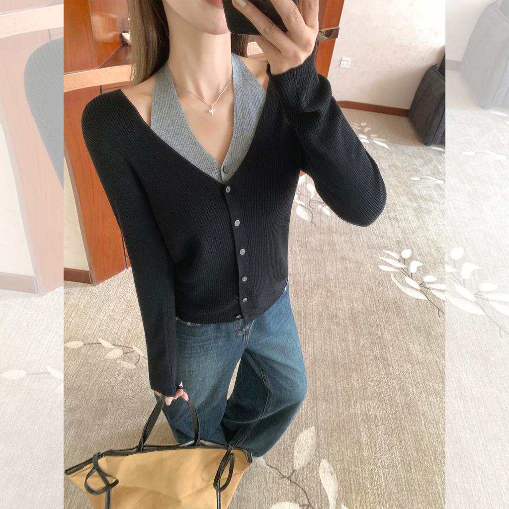 Contrasting color V-neck fake two-piece lace-up neck-hanging knitted primer cardigan women wear in early autumn with a slim-fit top inside