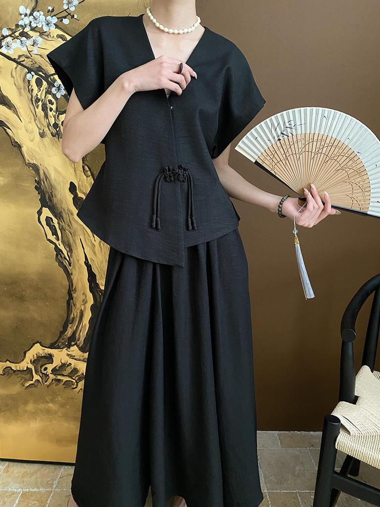 Sinan Tencel Vertical Cut Texture Top & Skirt Set SN5633 - Modern Chinese Style