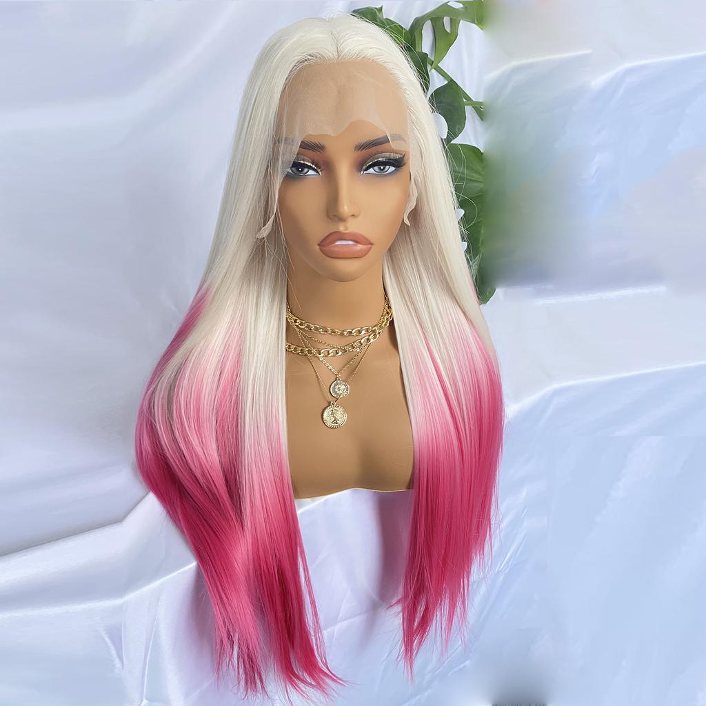 Ombre Pink Synthetic Lace Front Wig Colored Platinum Roots 13x4 Long Straight Hair Natural Hairline Glueless Wigs For Women