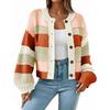 Women's Striped Chunky Needle Button-Down Cardigan Sweater Colorblock Long Sleeve Knitted Jacket