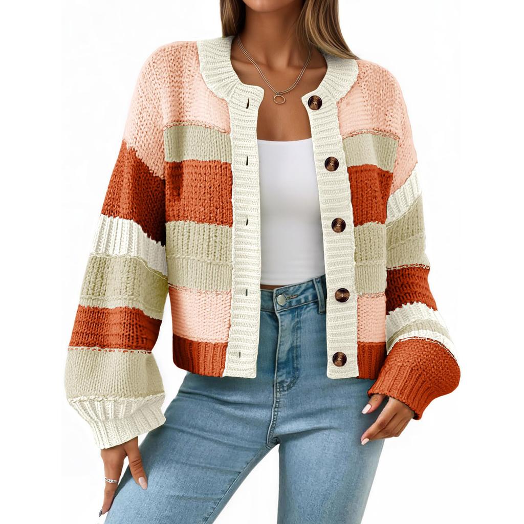 Women's Striped Chunky Needle Button-Down Cardigan Sweater Colorblock Long Sleeve Knitted Jacket
