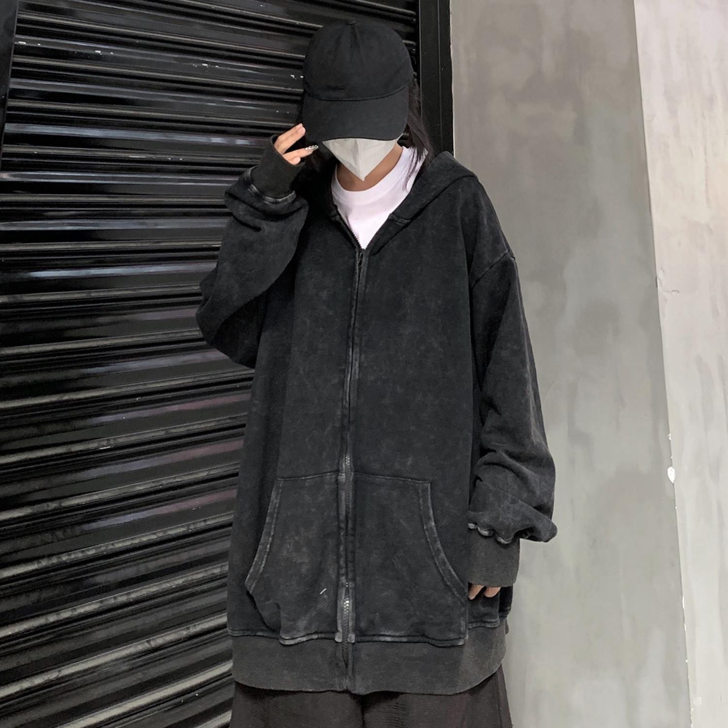 

Ветровка Кардиган Мужской Поношенный Старый С Капюшоном Свободные Пальто с Древними Влюбленными. XXL чёрный