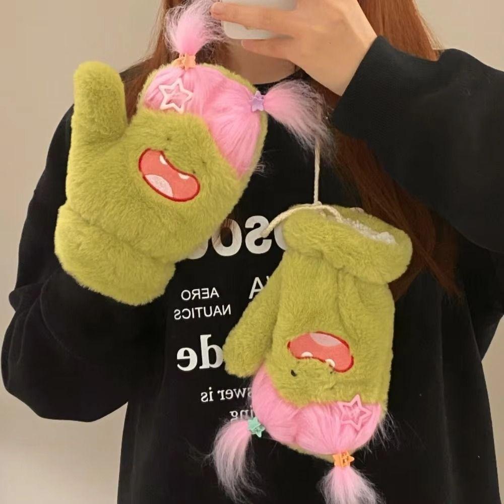 

DIY Ponytail Fluffy Gloves Thickened Full Finger Mittens Kawaii Neck Hanging Mittens Ladies рожевий