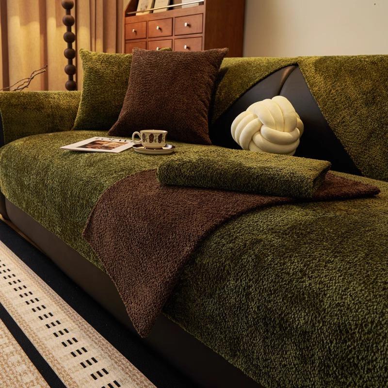 Sofa Cushion Winter Plush Non-Slip Medium Antique Dark Green Retro Advanced Sense Straight Row Sofa Seat Cushion Sofa Cover Towel