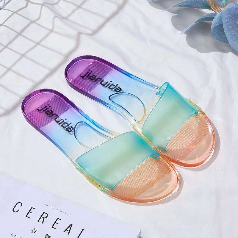 WTEMPO Trendy Jelly Outdoor Indoor Home Soft Slippers Women's Spring Summer Transparent Open Toe Flat Heel Beach Sandals