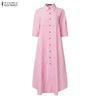 ZANZEA Women Turn Down Collar Long Sleeve Loose Stripe Dress