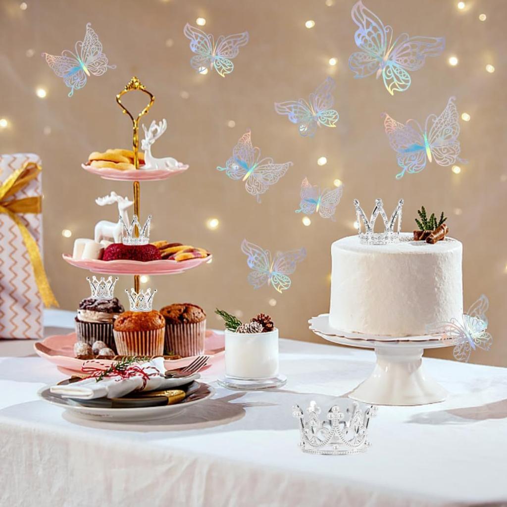 9PCS Crown Cake Topper Mini Tiara with 3D Butterfly Decoration Vintage Pearl Rhinestone Crown Cake Topper Cupcake Topper Cake Decoration
