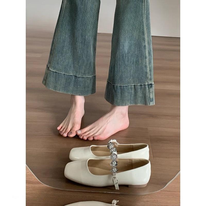 Mary Jane Schuhe mit flachem Boden, Strass-Schnalle mit einem Wort, Frühling 2025 neu, vielseitig, Lackleder, flacher Ausschnitt, Einzelne Schuhe